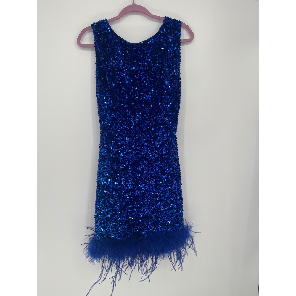 B. Darlin Sequin Mini Dress Open Back Feather Trim Women 15/16 Royal Blue Glam